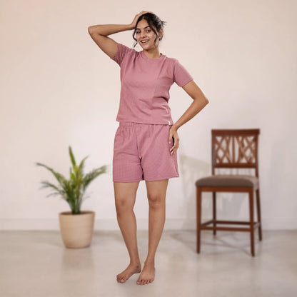 Cotton Round Neck Top + Short Nightwears (Pink)