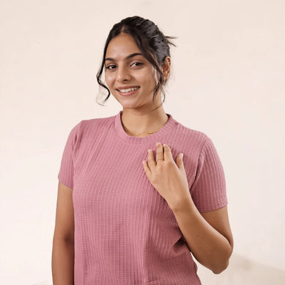Cotton Round Neck Top + Short Nightwears (Pink)