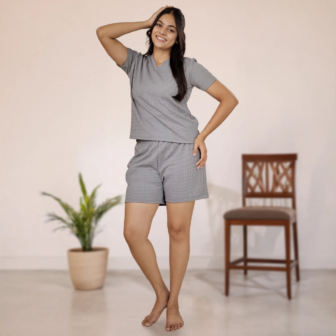 Cotton V Neck Top + Short Nightwears(Grey)