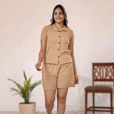 Button-Down Collar Nightwear Set  Top + Short Nightwears (Biege)