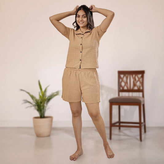 Button-Down Collar Nightwear Set  Top + Short Nightwears (Biege)