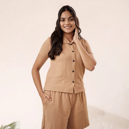 Button-Down Collar Nightwear Set  Top + Short Nightwears (Biege)