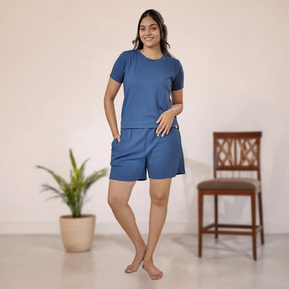 Cotton Round Neck Top + Short Nightwears (Blue)