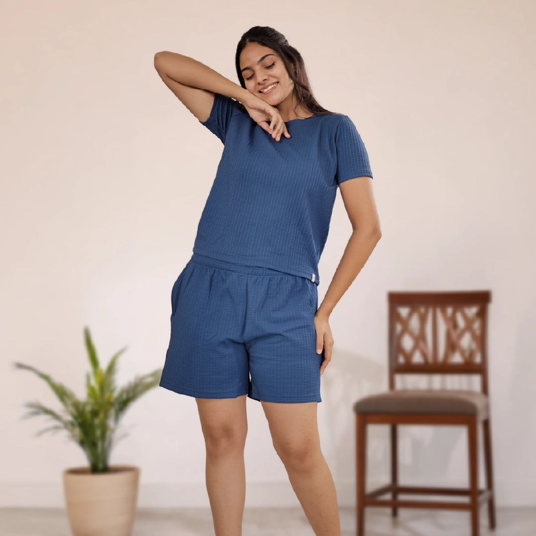 Cotton Round Neck Top + Short Nightwears (Blue)