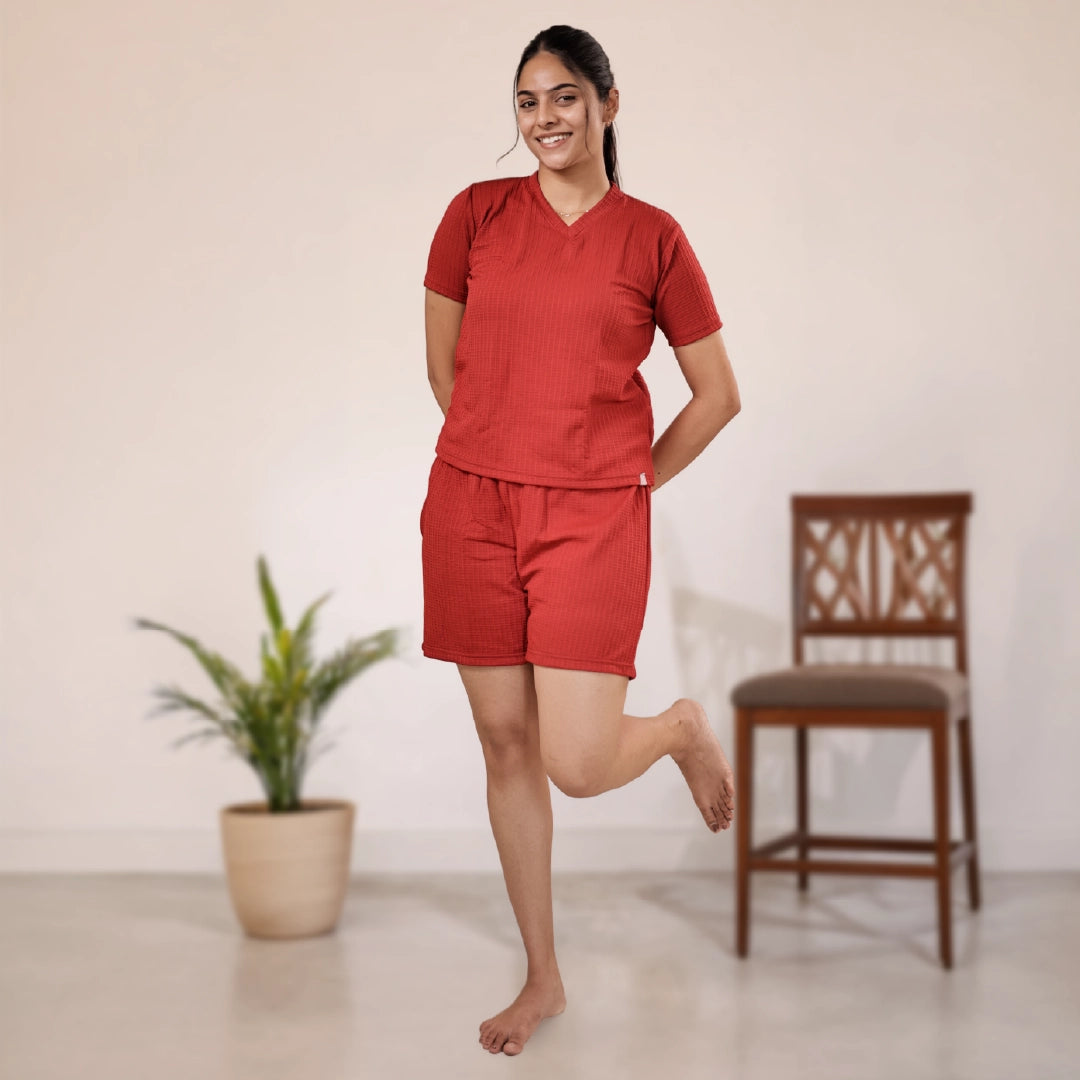 Cotton V Neck Top + Short Nightwears (Red)