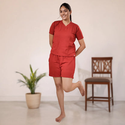 Cotton V Neck Top + Short Nightwears (Red)
