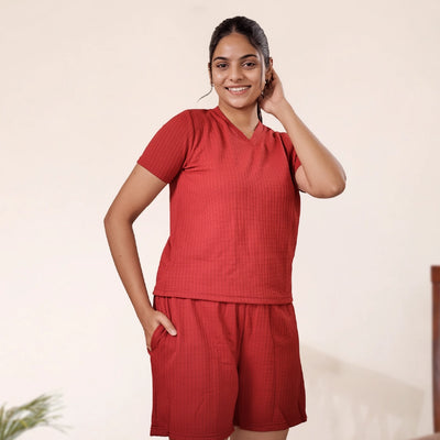 Cotton V Neck Top + Short Nightwears (Red)