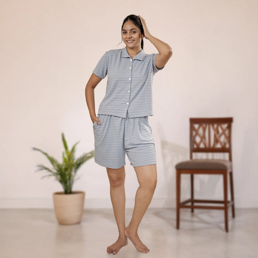 Button-Down Collar Nightwear Set Top & Shorts (Light Blue)