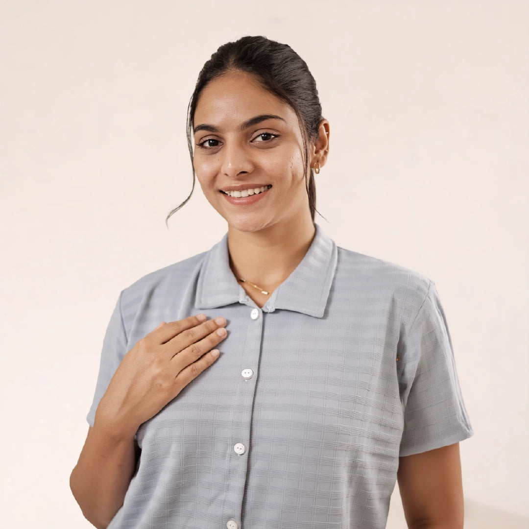 Button-Down Collar Nightwear Set Top & Shorts (Light Blue)