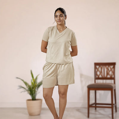 Cotton V-Neck Nightwear Set - Top & Shorts (Beige)