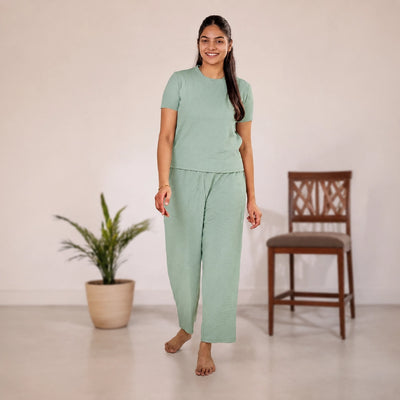 Cotton Round Neck Top + Pant Nightwears (Light Green)