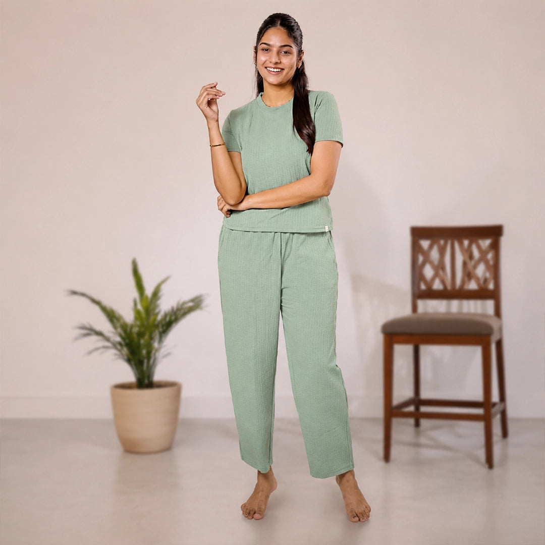 Cotton Round Neck Top + Pant Nightwears (Light Green)