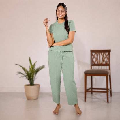 Cotton Round Neck Top + Pant Nightwears (Light Green)