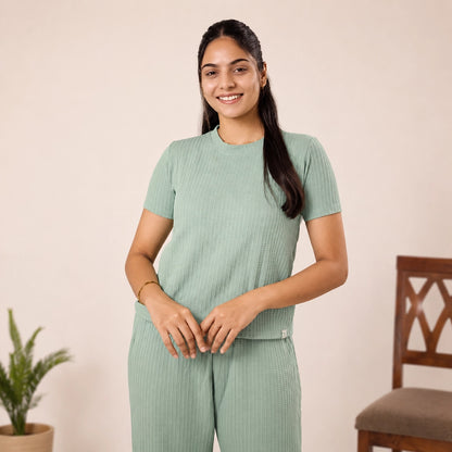 Cotton Round Neck Top + Pant Nightwears (Light Green)