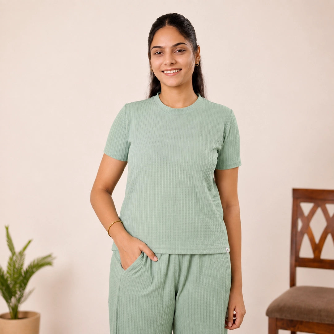 Cotton Round Neck Top + Pant Nightwears (Light Green)