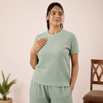 Cotton Round Neck Top + Pant Nightwears (Light Green)