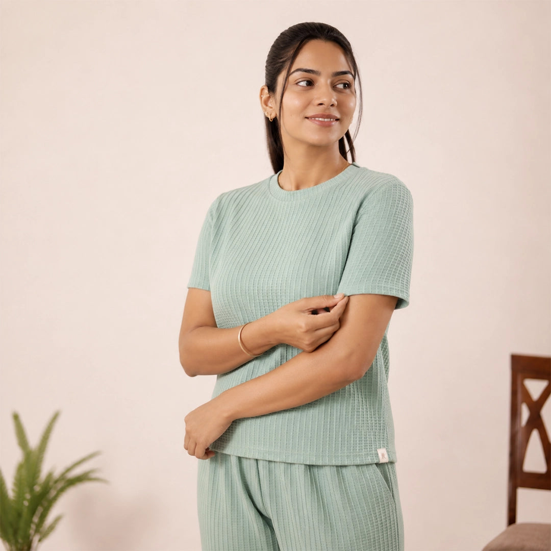 Cotton Round Neck Top + Pant Nightwears (Light Green)
