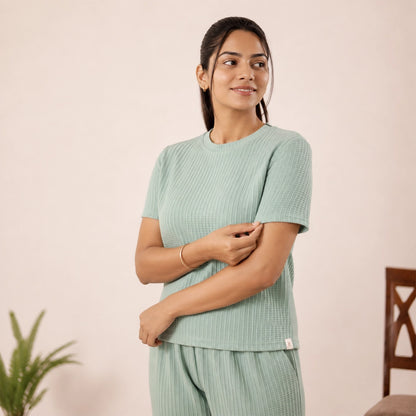Cotton Round Neck Top + Pant Nightwears (Light Green)