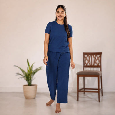Cotton Round Neck Top +Pant  Nightwears (Blue)