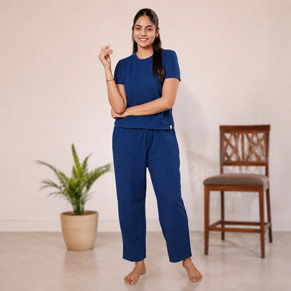 Cotton Round Neck Top +Pant  Nightwears (Blue)