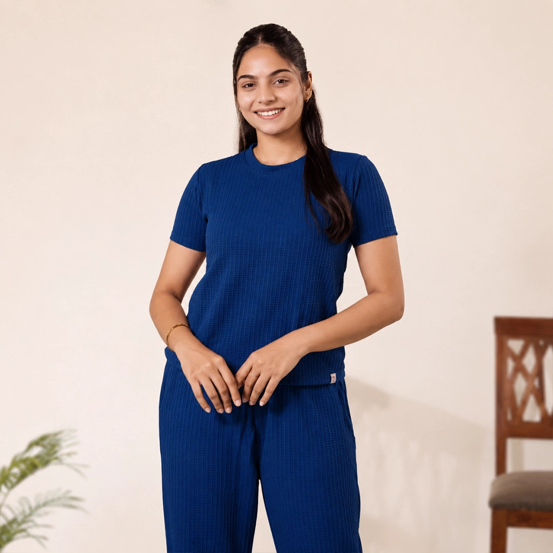 Cotton Round Neck Top +Pant  Nightwears (Blue)