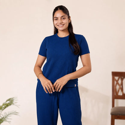 Cotton Round Neck Top +Pant  Nightwears (Blue)