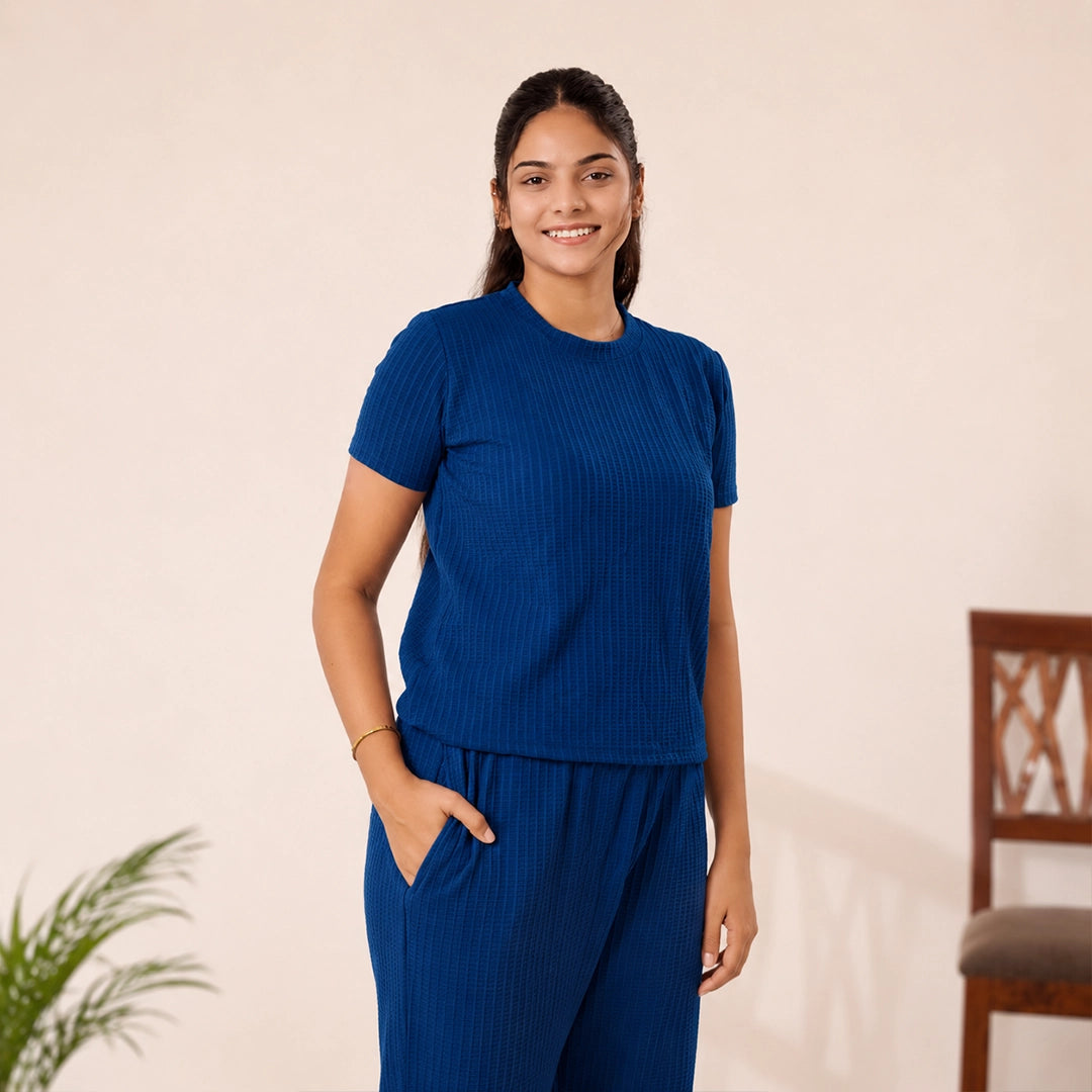 Cotton Round Neck Top +Pant  Nightwears (Blue)