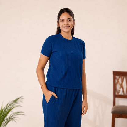 Cotton Round Neck Top +Pant  Nightwears (Blue)