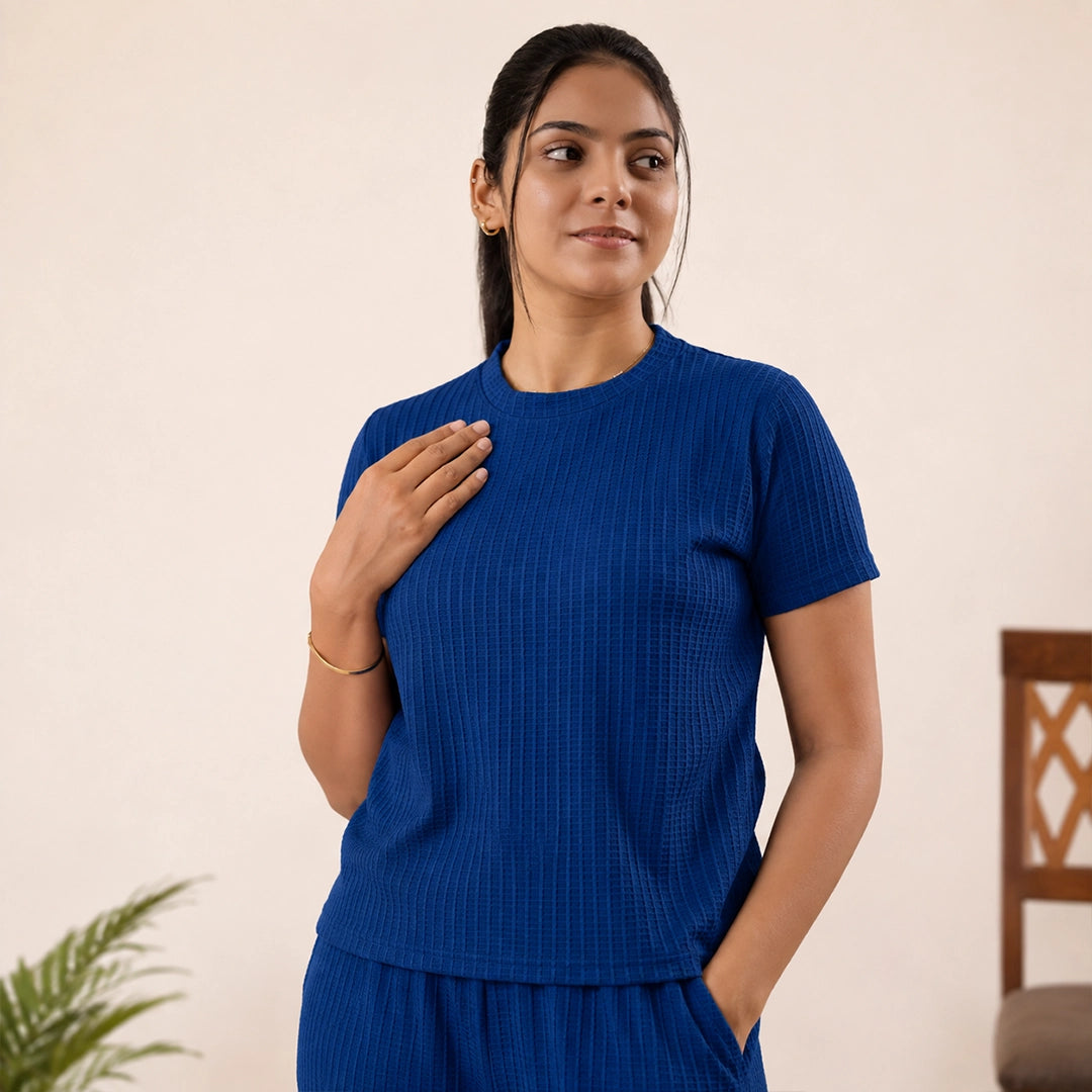 Cotton Round Neck Top +Pant  Nightwears (Blue)