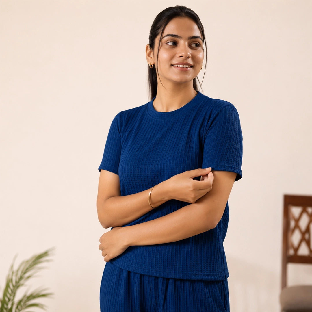 Cotton Round Neck Top +Pant  Nightwears (Blue)