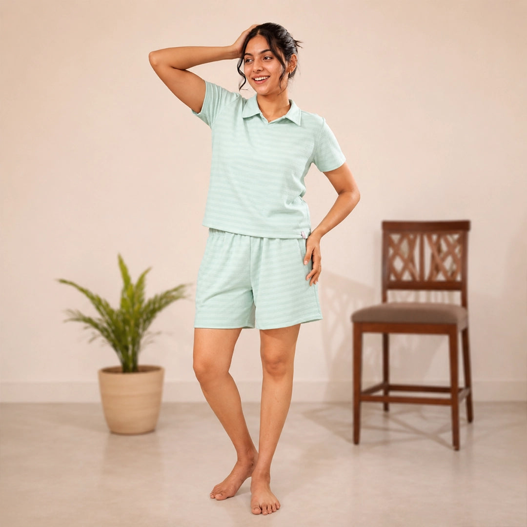 Cotton Collar Neck Nightwear Set - Top & Shorts (Green)