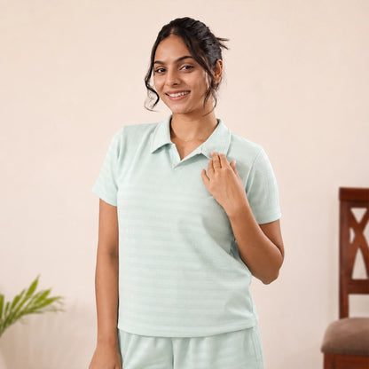Cotton Collar Neck Nightwear Set - Top & Shorts (Green)