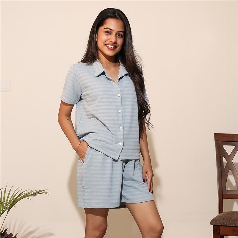 Button-Down Collar Nightwear Set - Top & Shorts (Light Blue)