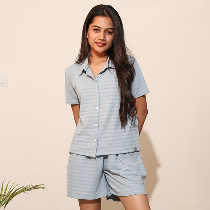 Button-Down Collar Nightwear Set - Top & Shorts (Light Blue)