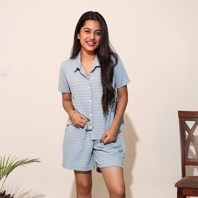 Button-Down Collar Nightwear Set - Top & Shorts (Light Blue)