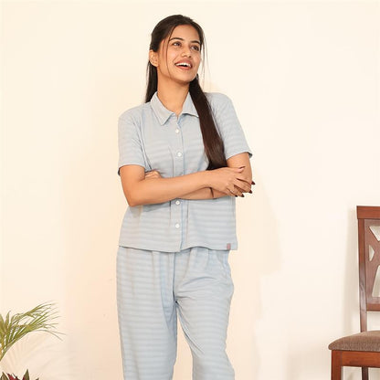 Button-Down Collar Nightwear Set - Top & Pants  (Light Blue)