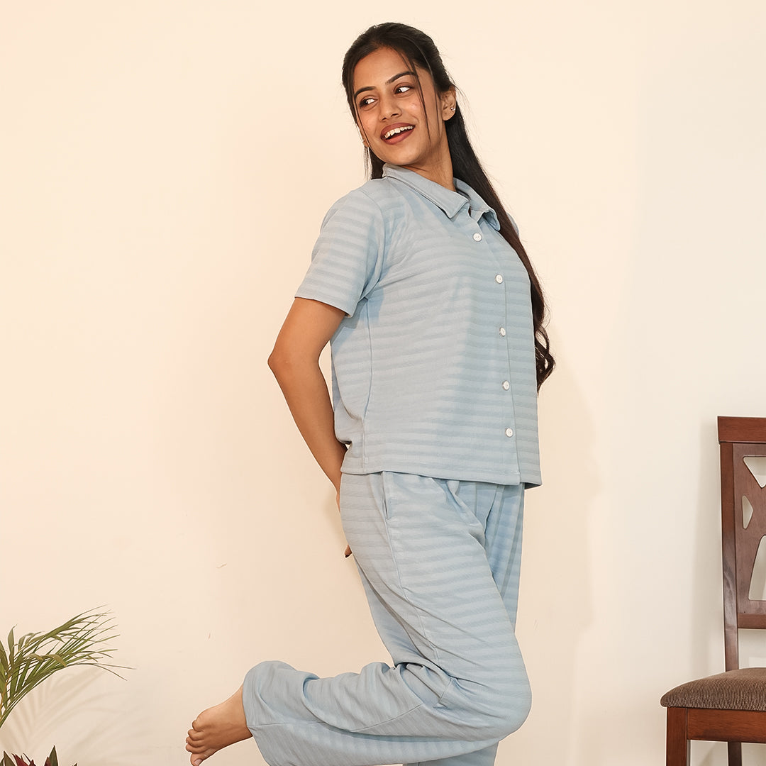 Button-Down Collar Nightwear Set - Top & Pants  (Light Blue)