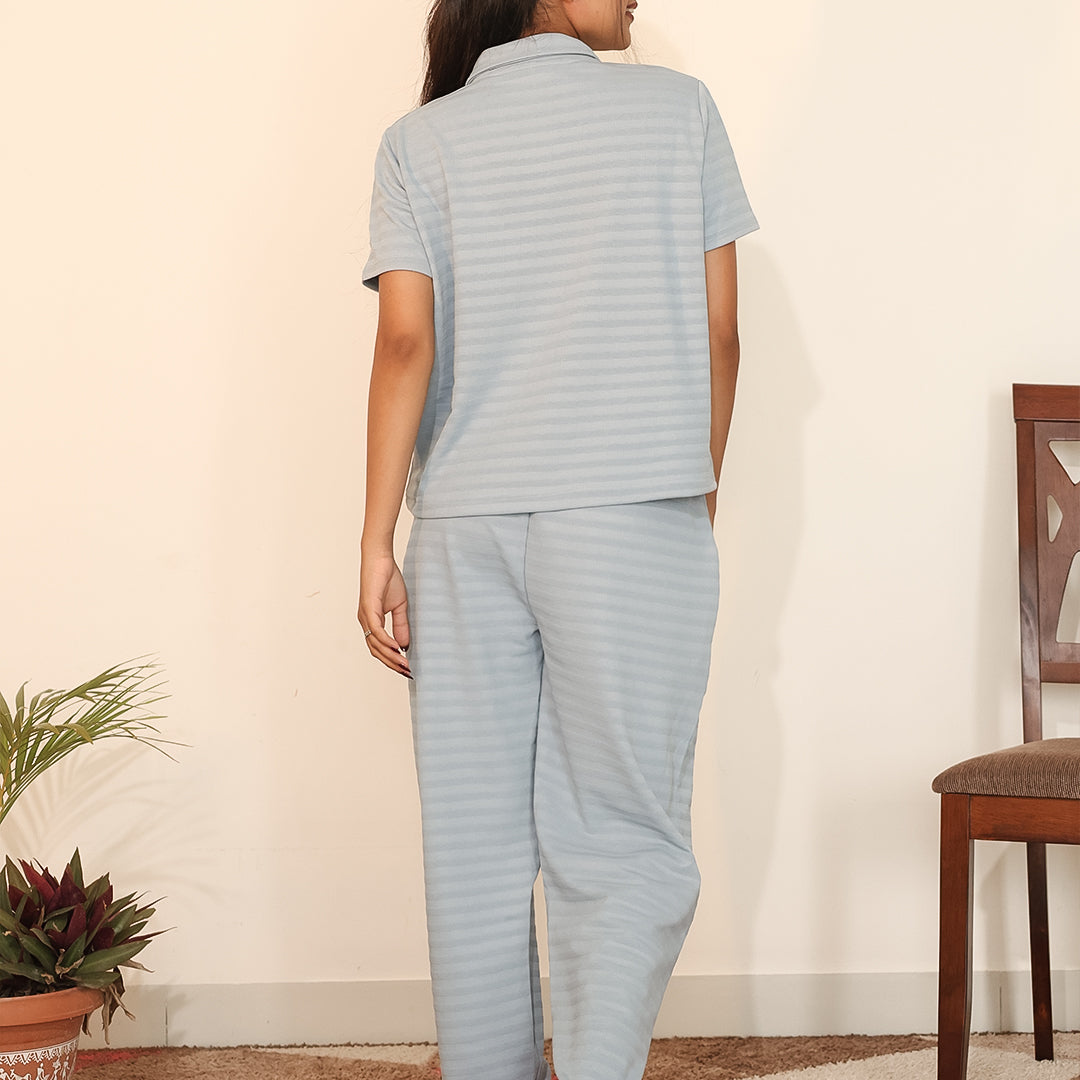 Button-Down Collar Nightwear Set - Top & Pants  (Light Blue)