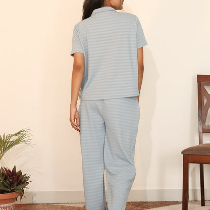 Button-Down Collar Nightwear Set - Top & Pants  (Light Blue)