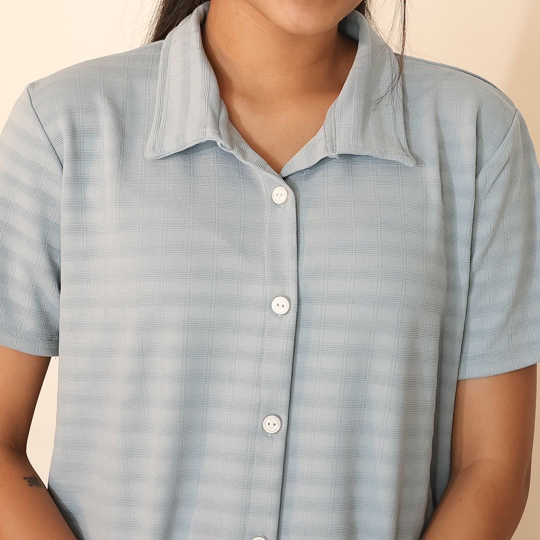Button-Down Collar Nightwear Set - Top & Pants  (Light Blue)