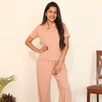 Cotton Collar Neck Nightwear Set - Top & Pants (Peach)