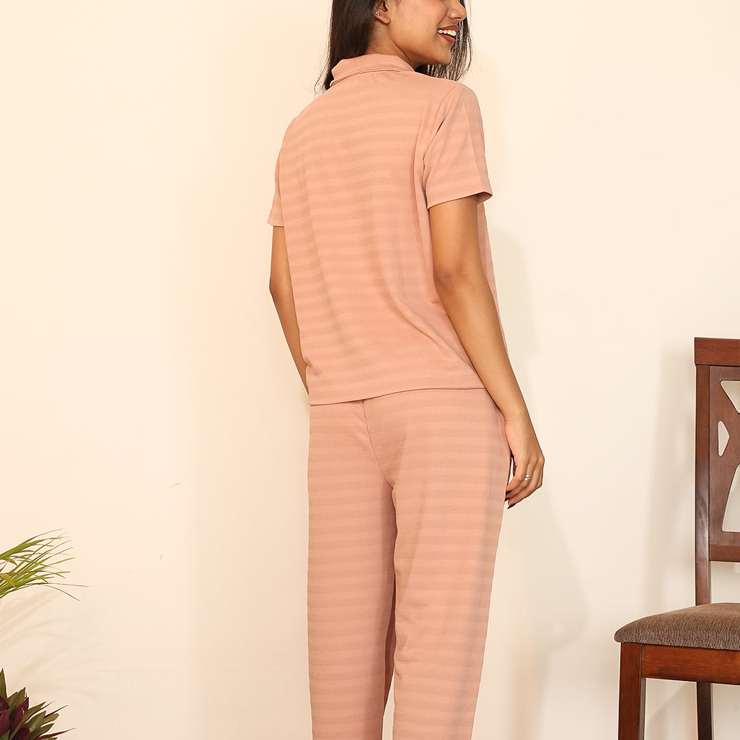 Cotton Collar Neck Nightwear Set - Top & Pants (Peach)