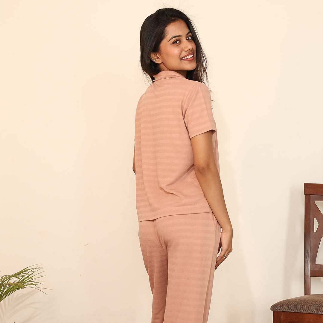 Cotton Collar Neck Nightwear Set - Top & Pants (Peach)