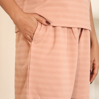 Cotton Collar Neck Nightwear Set - Top & Shorts (Peach)