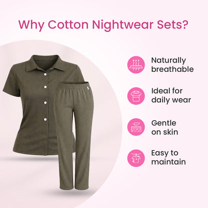 Button-Down Collar Nightwear Set Top + Pant Nightwears (Beige)