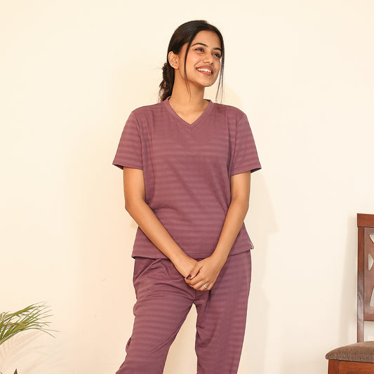 Cotton V-Neck Nightwear Set - Top & Pants (Wine)