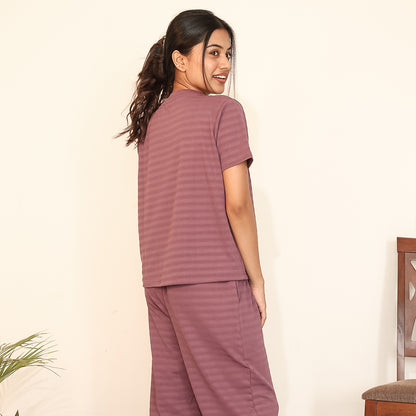 Cotton V-Neck Nightwear Set - Top & Pants (Wine)