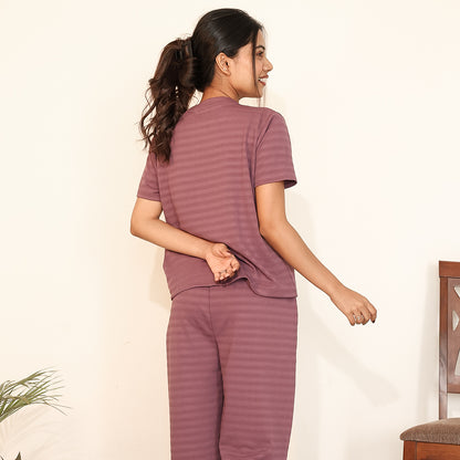 Cotton V-Neck Nightwear Set - Top & Pants (Wine)