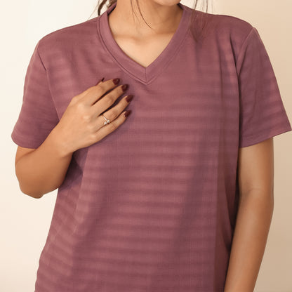 Cotton V-Neck Nightwear Set - Top & Pants (Wine)