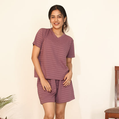 Cotton V-Neck Nightwear Set - Top & Shorts (Wine)